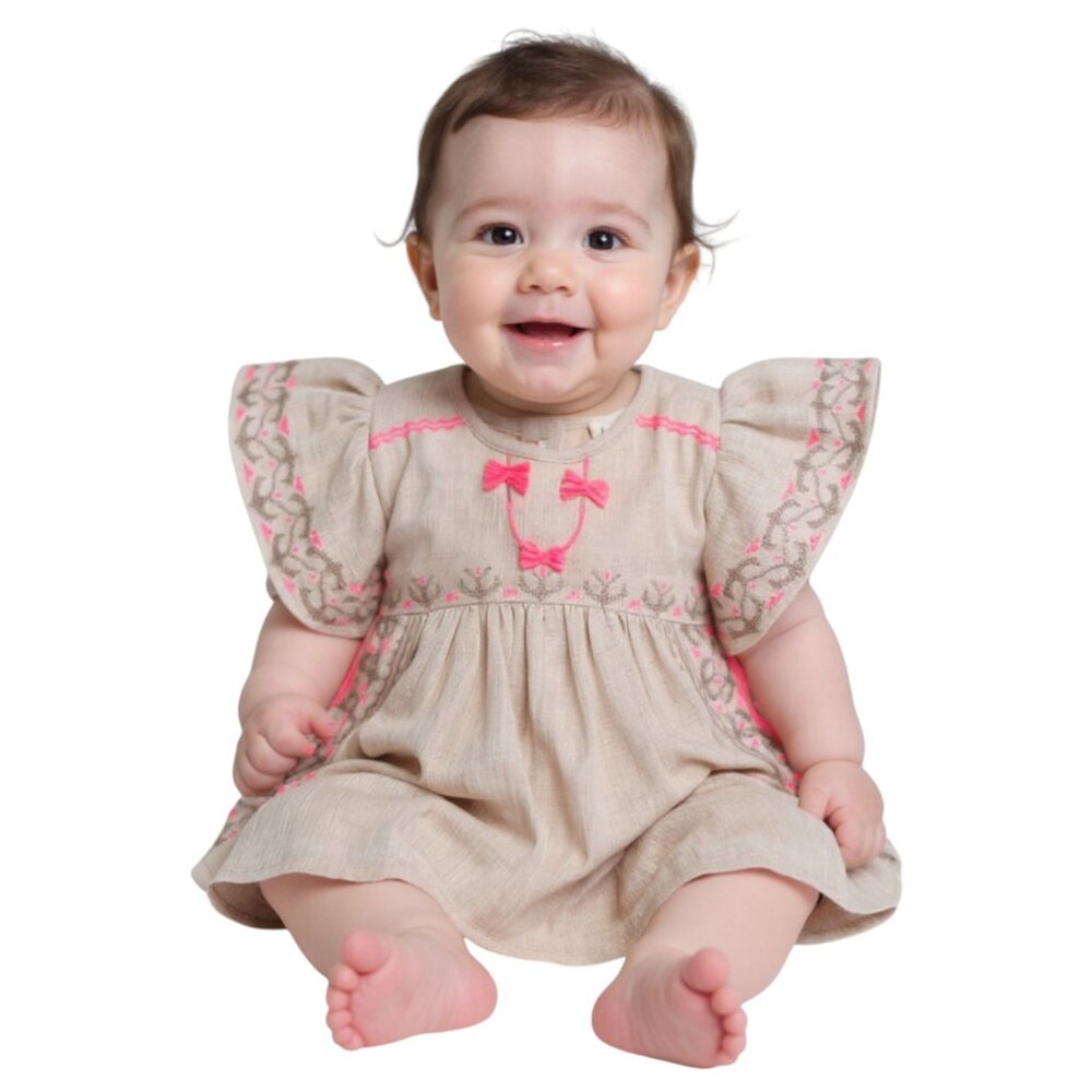 LOUISE MISHA - EMBROIDERED DRESS NUMIDIE - COTTON - BEIGE - 6M - NEW NO TAG - Picture 2 of 6